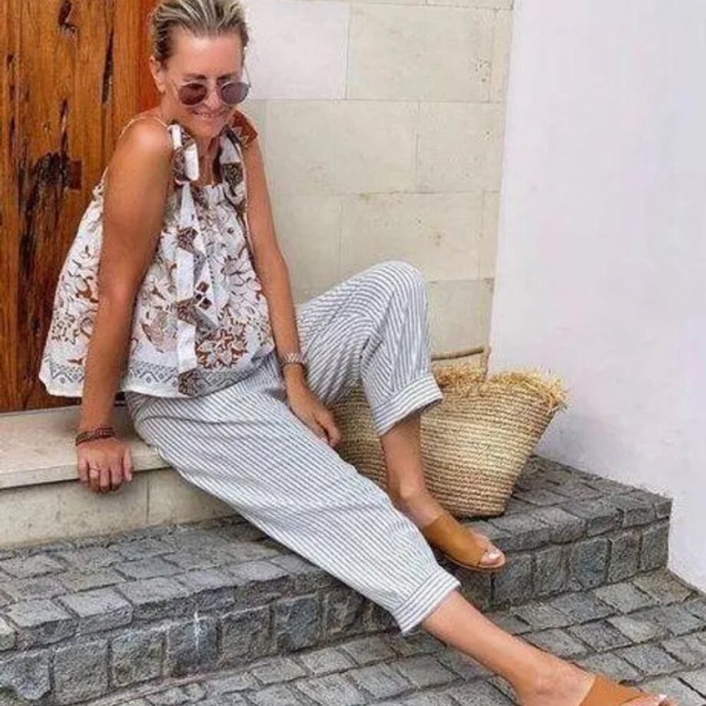 And Andrea 100% cotton strip‎ fisherman pants size small
